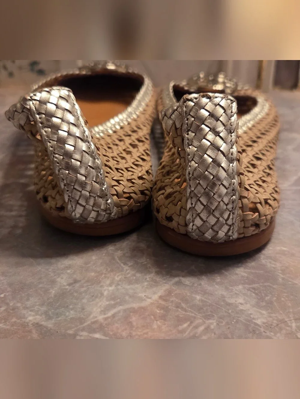 Tory Burch Silver & Tan Woven Ballet Flats